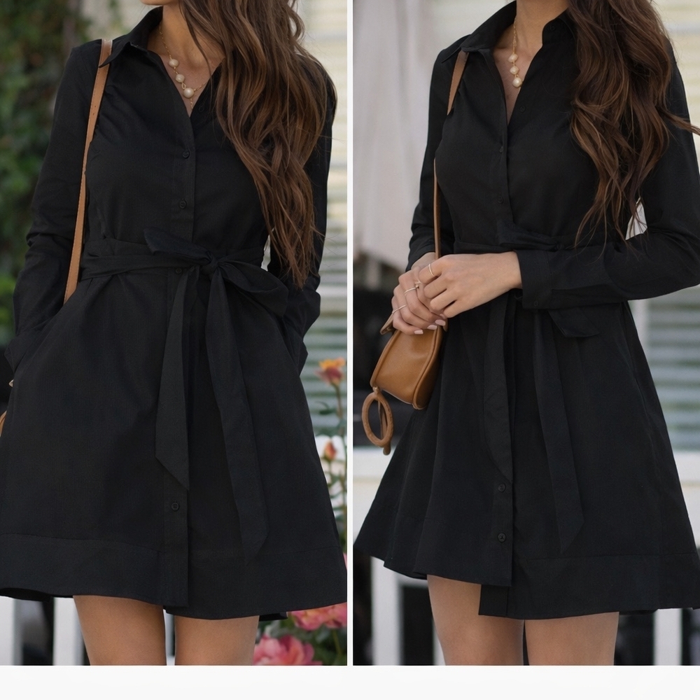 Banana Republic Black Long-Sleeve Belted Shirt Dress - Size 10, Worn Twice